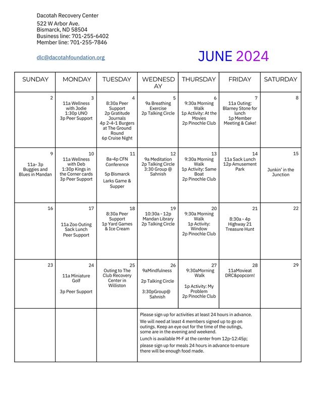 Dakota Recovery Center, Bismarck ND Calendar of Events