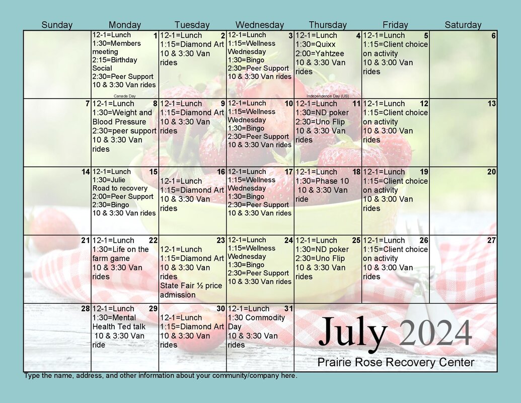 Prairie Rose Center Dickinson ND Calendar of Events